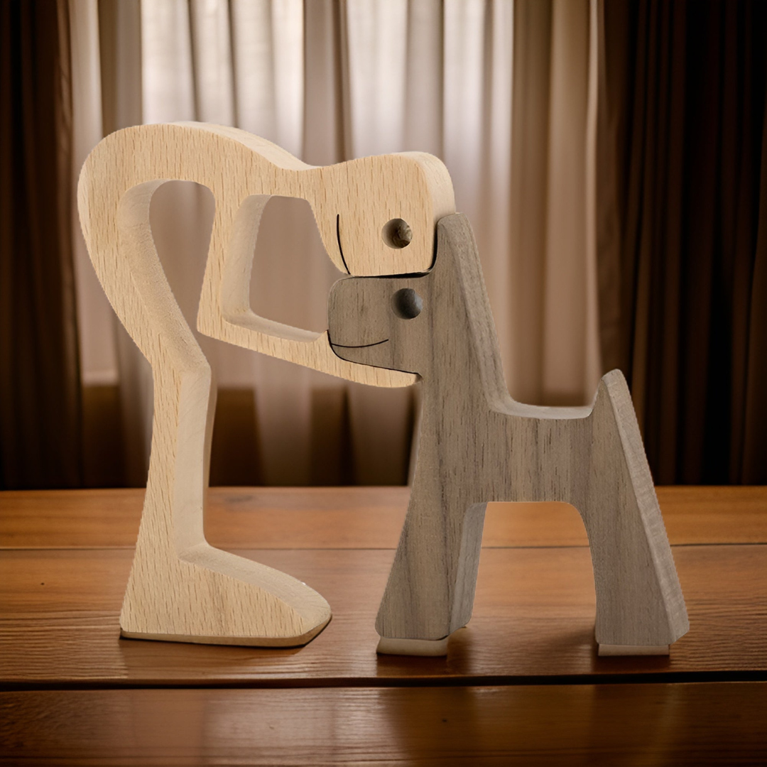 Nivora - Sculpture en Bois Fait Main Chien & Maître