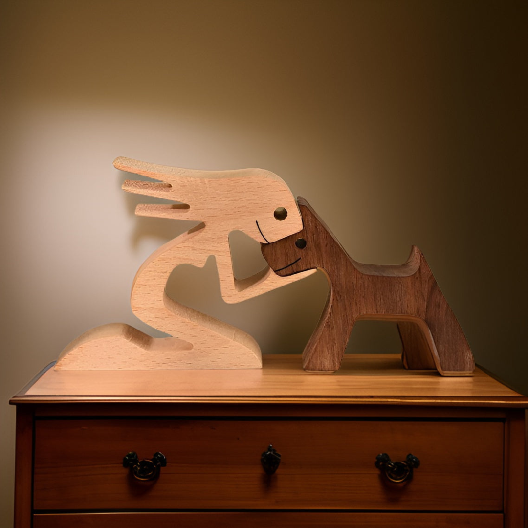 Nivora - Sculpture en Bois Fait Main Chien & Maître