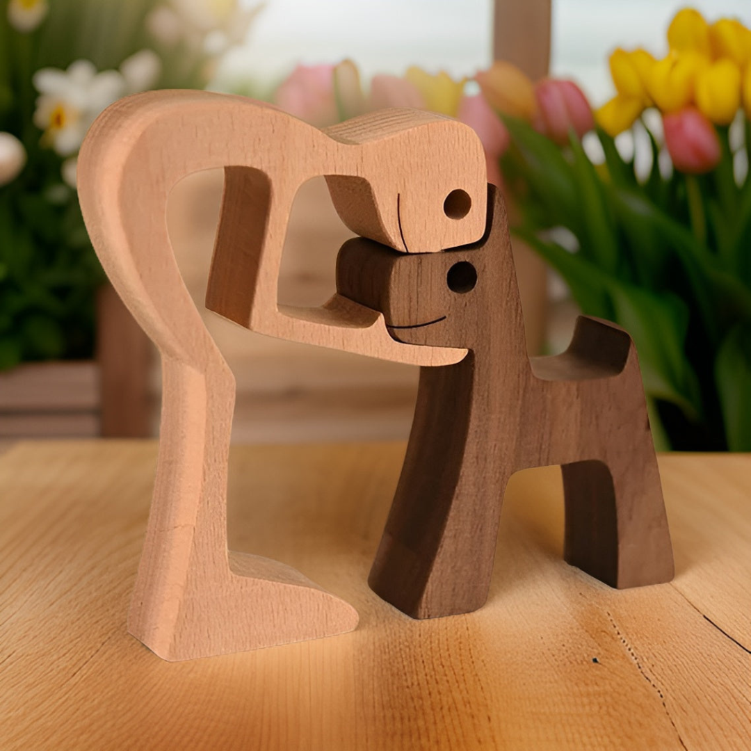 Nivora - Sculpture en Bois Fait Main Chien & Maître
