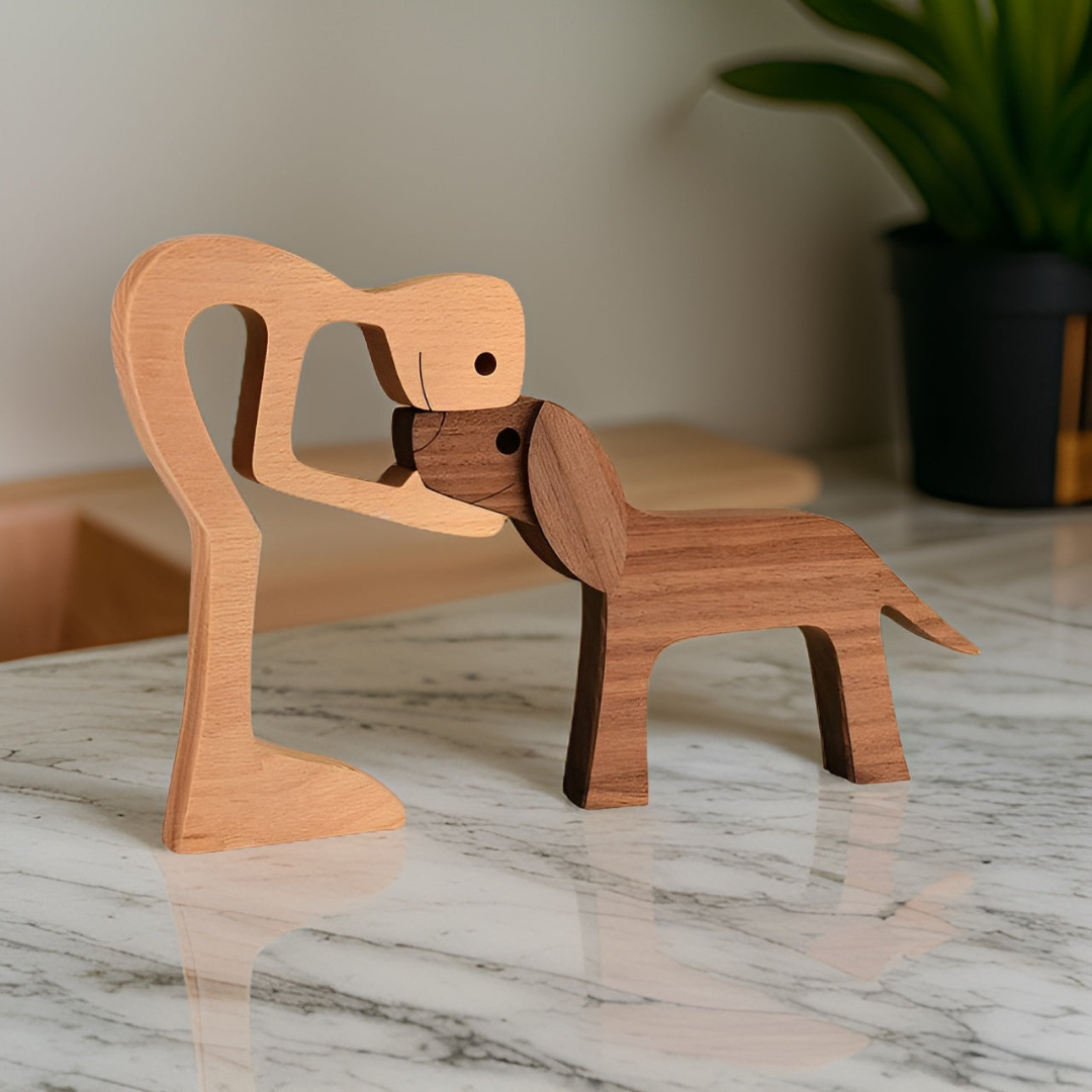 Nivora - Sculpture en Bois Fait Main Chien & Maître