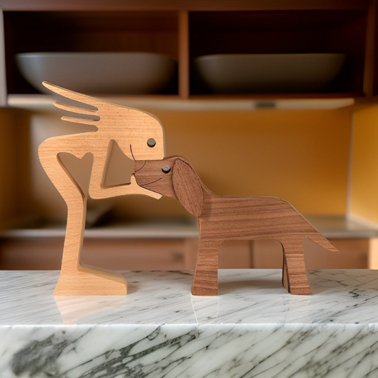 Nivora - Sculpture en Bois Fait Main Chien & Maître