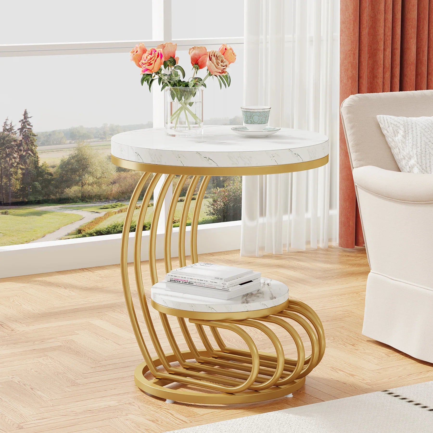 Etravia - Table d’Appoint Ronde à 2 Niveaux Effet Marbre avec Étagère de Rangement